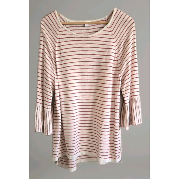 J. Jill Linen Knit Sweater Women's PXL Tan Red Striped  Flounce Sleeve Tunic - Picture 1 of 7